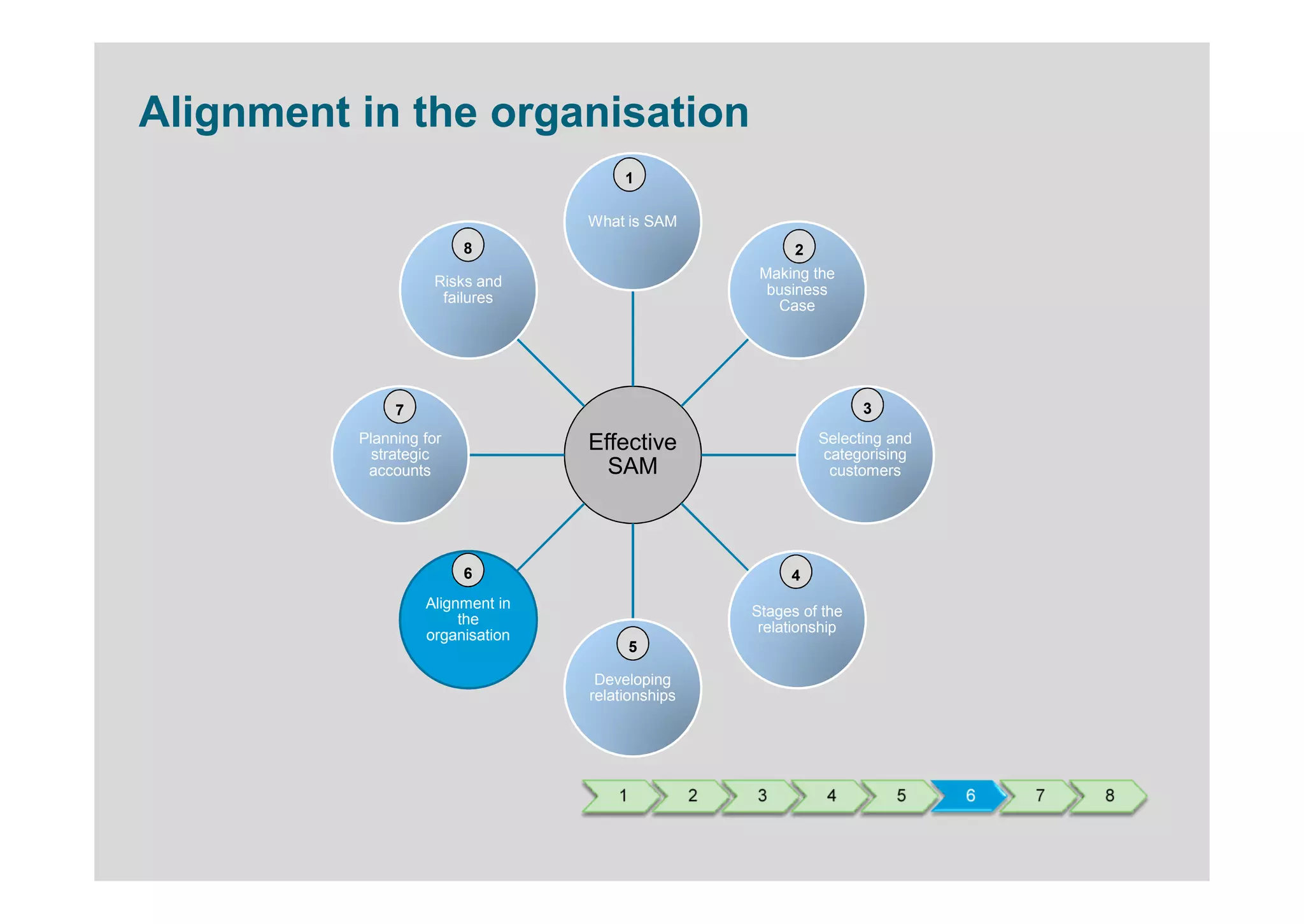 Alignment in the organisation
                                       1

                                  What is SAM
                         8                                  2
                                                       Making the
                    Risks and
                                                        business
                     failures
                                                         Case




               7                                                      3
          Planning for            Effective                     Selecting and
            strategic                                            categorising
           accounts                 SAM                           customers




                         6                                 4
                   Alignment in
                                                      Stages of the
                        the
                                                       relationship
                   organisation
                                          5

                                   Developing
                                  relationships




                                      1           2   3          4        5     6   7   8
 