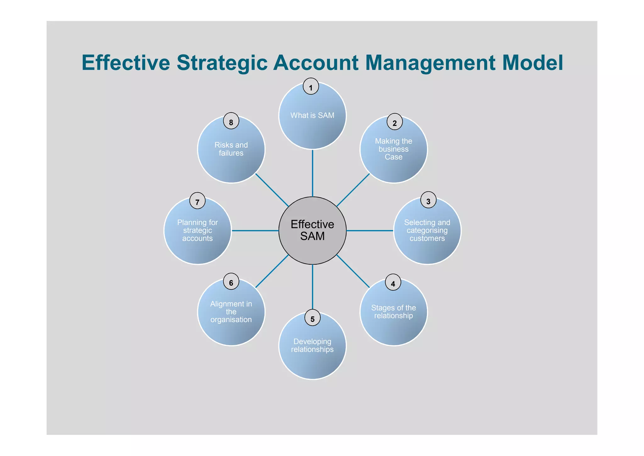 Effective Strategic Account Management Model
                                     1


                                What is SAM
                       8                              2

                                                 Making the
                  Risks and
                                                  business
                   failures
                                                   Case




             7                                                  3

        Planning for            Effective                 Selecting and
          strategic                                        categorising
         accounts                 SAM                       customers




                       6                             4

                 Alignment in
                                                Stages of the
                      the
                                     5           relationship
                 organisation

                                 Developing
                                relationships
 