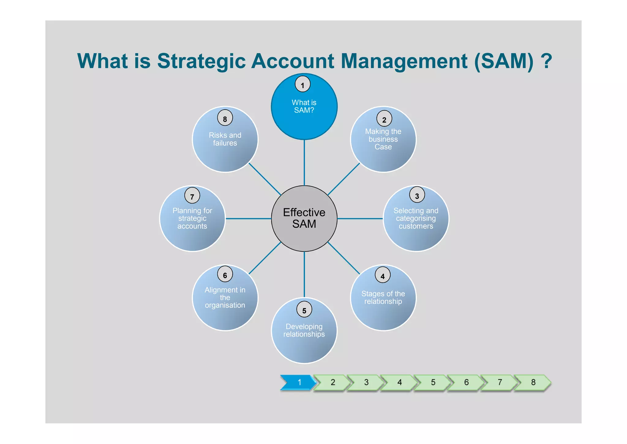 What is Strategic Account Management (SAM) ?
                                     1

                                  What is
                                  SAM?
                       8                                  2
                                                     Making the
                  Risks and
                                                      business
                   failures
                                                       Case




             7                                                      3
        Planning for            Effective                     Selecting and
          strategic                                            categorising
         accounts                 SAM                           customers




                       6                                 4
                 Alignment in
                                                    Stages of the
                      the
                                                     relationship
                 organisation
                                        5

                                 Developing
                                relationships




                                    1           2   3          4        5     6   7   8
 