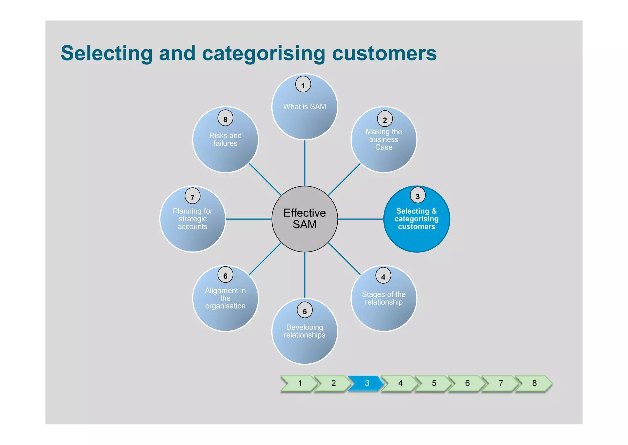 Selecting and categorising customers
                                       1

                                  What is SAM
                         8                                  2
                                                       Making the
                    Risks and
                                                        business
                     failures
                                                         Case




               7                                                      3
          Planning for            Effective                     Selecting &
            strategic                                           categorising
           accounts                 SAM                          customers




                         6                                 4
                   Alignment in
                                                      Stages of the
                        the
                                                       relationship
                   organisation
                                          5

                                   Developing
                                  relationships




                                      1           2   3         4         5    6   7   8
 