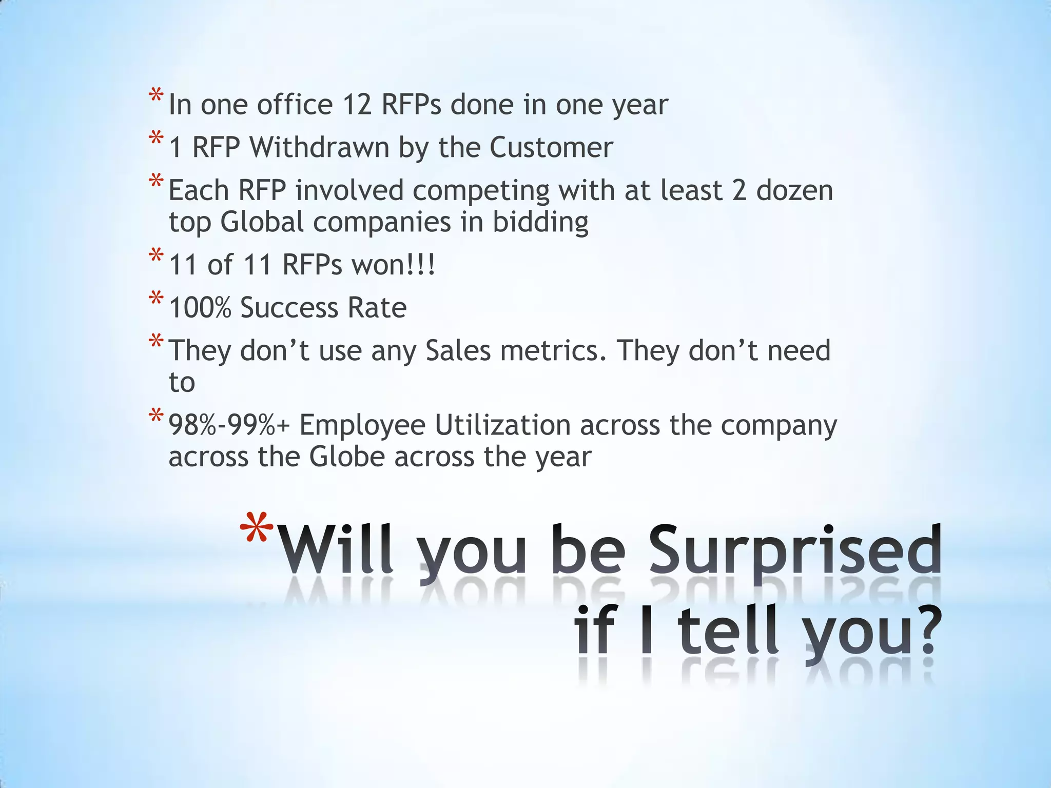 * In one office 12 RFPs done in one year
* 1 RFP Withdrawn by the Customer
* Each RFP involved competing with at least 2 dozen
  top Global companies in bidding
* 11 of 11 RFPs won!!!
* 100% Success Rate
* They don’t use any Sales metrics. They don’t need
  to
* 98%-99%+ Employee Utilization across the company
  across the Globe across the year


      *
 