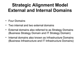 Strategic Alignment Model
  External and Internal Domains

• Four Domains
• Two internal and two external domains
• External domains also referred to as Strategy Domains
  (Business Strategy Domain and IT Strategy Domain)
• Internal domains also known as Infrastructure Domains
  (Business Infrastructure and IT Infrastructure Domains)
 