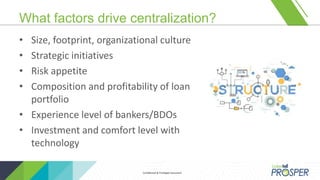 Confidential & Privileged DocumentConfidential & Privileged Document
What factors drive centralization?
• Size, footprint, organizational culture
• Strategic initiatives
• Risk appetite
• Composition and profitability of loan
portfolio
• Experience level of bankers/BDOs
• Investment and comfort level with
technology
 