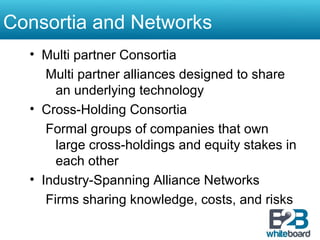 Consortia and Networks Multi partner Consortia Multi partner alliances designed to share an underlying technology Cross-Holding Consortia Formal groups of companies that own large cross-holdings and equity stakes in each other Industry-Spanning Alliance Networks Firms sharing knowledge, costs, and risks 