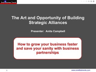 The Art and Opportunity of Building Strategic Alliances Presenter:  Anita Campbell How to grow your business faster and save your sanity with business partnerships 
