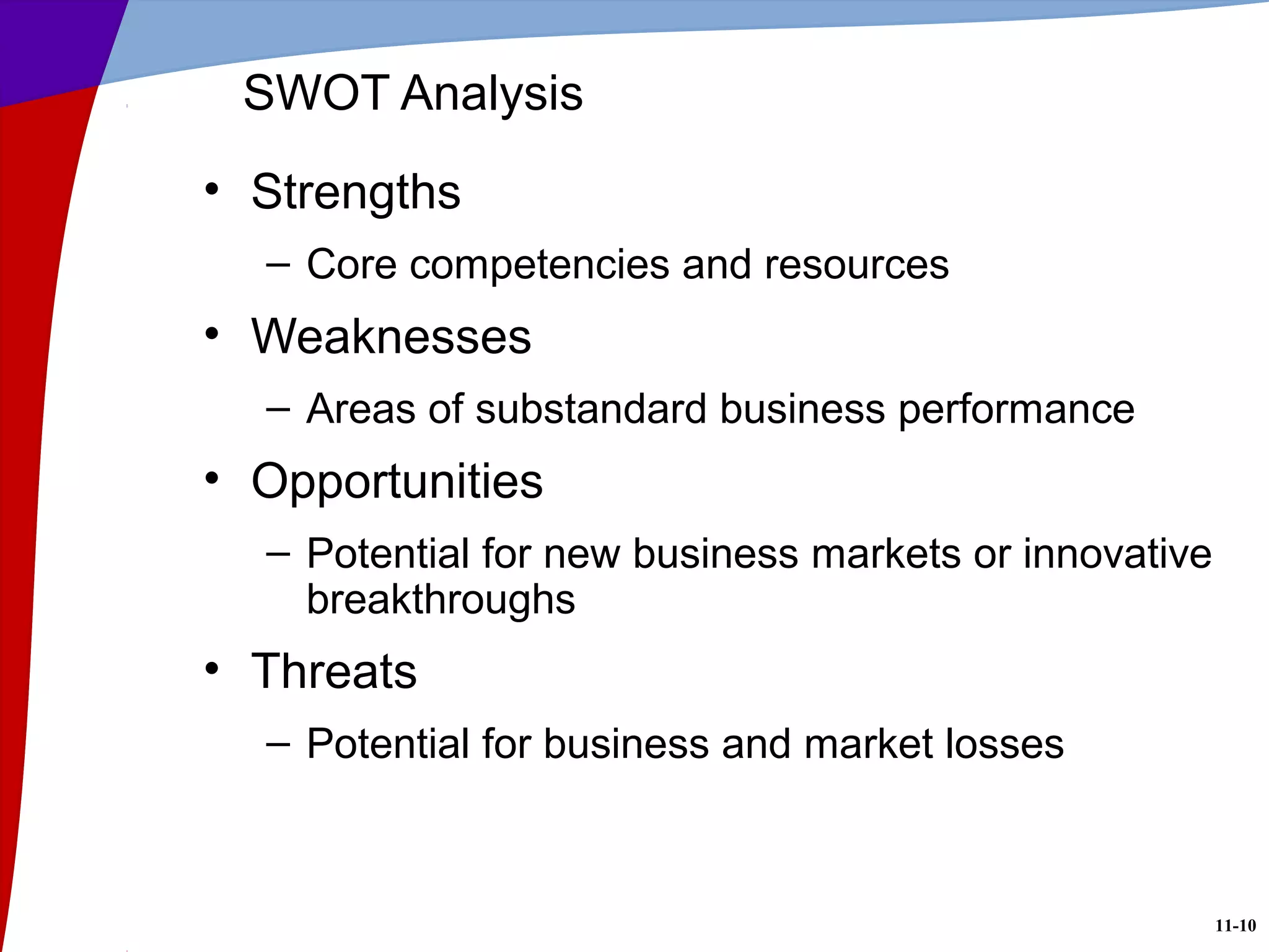 11-10
SWOT Analysis
• Strengths
– Core competencies and resources
• Weaknesses
– Areas of substandard business performance
• Opportunities
– Potential for new business markets or innovative
breakthroughs
• Threats
– Potential for business and market losses
 