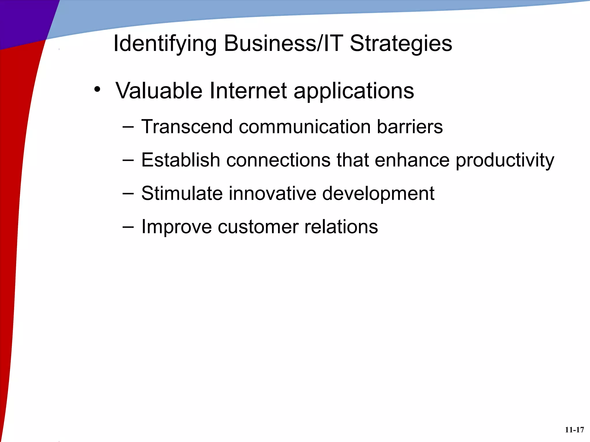11-17
Identifying Business/IT Strategies
• Valuable Internet applications
– Transcend communication barriers
– Establish connections that enhance productivity
– Stimulate innovative development
– Improve customer relations
 