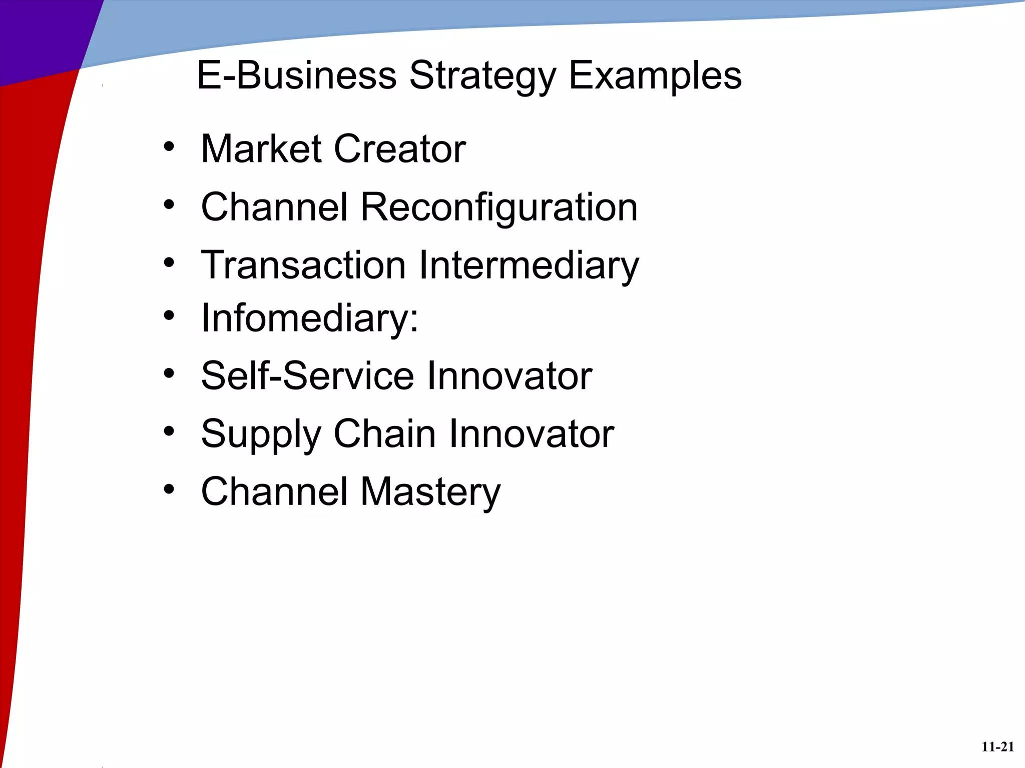 11-21
E-Business Strategy Examples
• Market Creator
• Channel Reconfiguration
• Transaction Intermediary
• Infomediary:
• Self-Service Innovator
• Supply Chain Innovator
• Channel Mastery
 