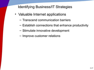 11-17
Identifying Business/IT Strategies
• Valuable Internet applications
– Transcend communication barriers
– Establish connections that enhance productivity
– Stimulate innovative development
– Improve customer relations
 