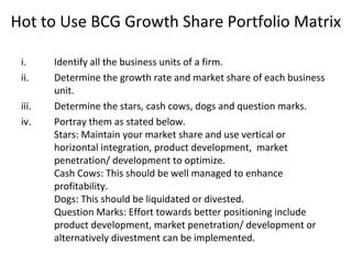 Hot to Use BCG Growth Share Portfolio Matrix
i. Identify all the business units of a firm.
ii. Determine the growth rate and market share of each business
unit.
iii. Determine the stars, cash cows, dogs and question marks.
iv. Portray them as stated below.
Stars: Maintain your market share and use vertical or
horizontal integration, product development, market
penetration/ development to optimize.
Cash Cows: This should be well managed to enhance
profitability.
Dogs: This should be liquidated or divested.
Question Marks: Effort towards better positioning include
product development, market penetration/ development or
alternatively divestment can be implemented.
 