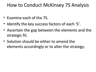 How to Conduct McKinsey 7S Analysis
• Examine each of the 7S.
• Identify the key success factors of each ‘S’.
• Ascertain the gap between the elements and the
strategic fit.
• Solution should be either to amend the
elements accordingly or to alter the strategy.
 