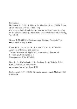 References
De Souza, C. D. R., & Márcio de Almeida, D. A. (2013). Value
chain analysis applied to the scrap
tire reverse logistics chain: An applied study of co-processing
in the cement industry. Resources, Conservation and Recycling,
78, 15-25.
Grant, R. M. (2016). Contemporary Strategy Analysis Text
Only. John Wiley & Sons.
Khan, U. A., Alam, M. N., & Alam, S. (2015). A Critical
Analysis of Internal and External
The environment of Apple Inc. International Journal of
Economics, Commerce and
Management, 3(6), 955-961.
Noe, R. A., Hollenbeck, J. R., Gerhart, B., & Wright, P. M.
(2003). Gaining a competitive
advantage. Irwin: McGraw-Hill.
Rothaermel, F. T. (2015). Strategic management. McGraw-Hill
Education.
 