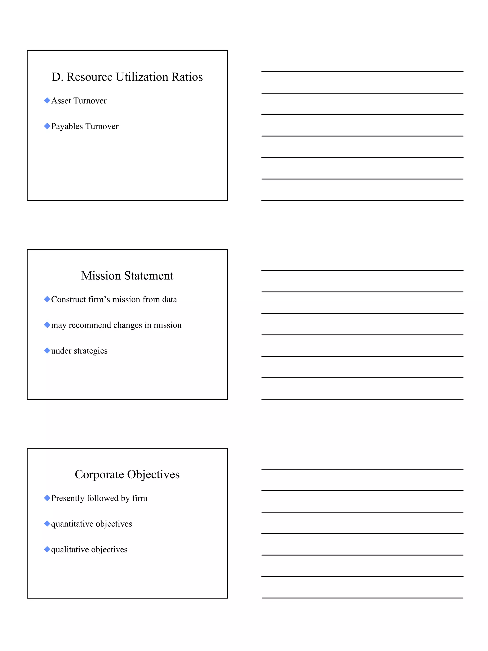D. Resource Utilization Ratios
xAsset Turnover

xPayables Turnover




          Mission Statement
xConstruct firm’s mission from data

xmay recommend changes in mission

xunder strategies




        Corporate Objectives
xPresently followed by firm

xquantitative objectives

xqualitative objectives




                                      10
 