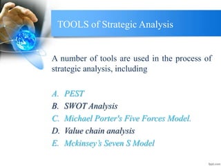 TOOLS of Strategic Analysis
A number of tools are used in the process of
strategic analysis, including
A. PEST
B. SWOT Analysis
C. Michael Porter's Five Forces Model.
D. Value chain analysis
E. Mckinsey’s Seven S Model
 