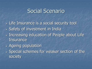 Social Scenario 
 Life Insurance is a social security tool 
 Safety of investment in India 
 Increasing education of Pe...
