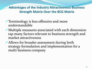 Advantages of the Industry Attractiveness-Business
Strength Matrix Over the BCG Matrix
Terminology is less offensive and more
understandable
Multiple measures associated with each dimension
tap many factors relevant to business strength and
market attractiveness
Allows for broader assessment during both
strategy formulation and implementation for a
multi business company
40
 