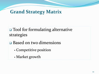 Grand Strategy Matrix
 Tool for formulating alternative
strategies
 Based on two dimensions
 Competitive position
 Market growth
44
 
