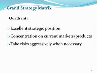 Grand Strategy Matrix
Excellent strategic position
Concentration on current markets/products
Take risks aggressively when necessary
Quadrant I
46
 
