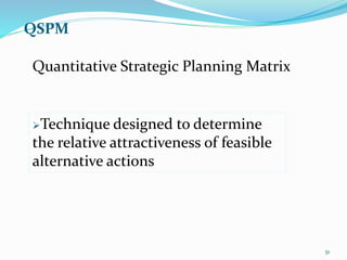 QSPM
Technique designed to determine
the relative attractiveness of feasible
alternative actions
Quantitative Strategic Planning Matrix
51
 