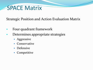 SPACE Matrix
Overall Strategic position determined by:
 Financial Strength [FS]
 Competitive Advantage [CA]
 Environmen...
