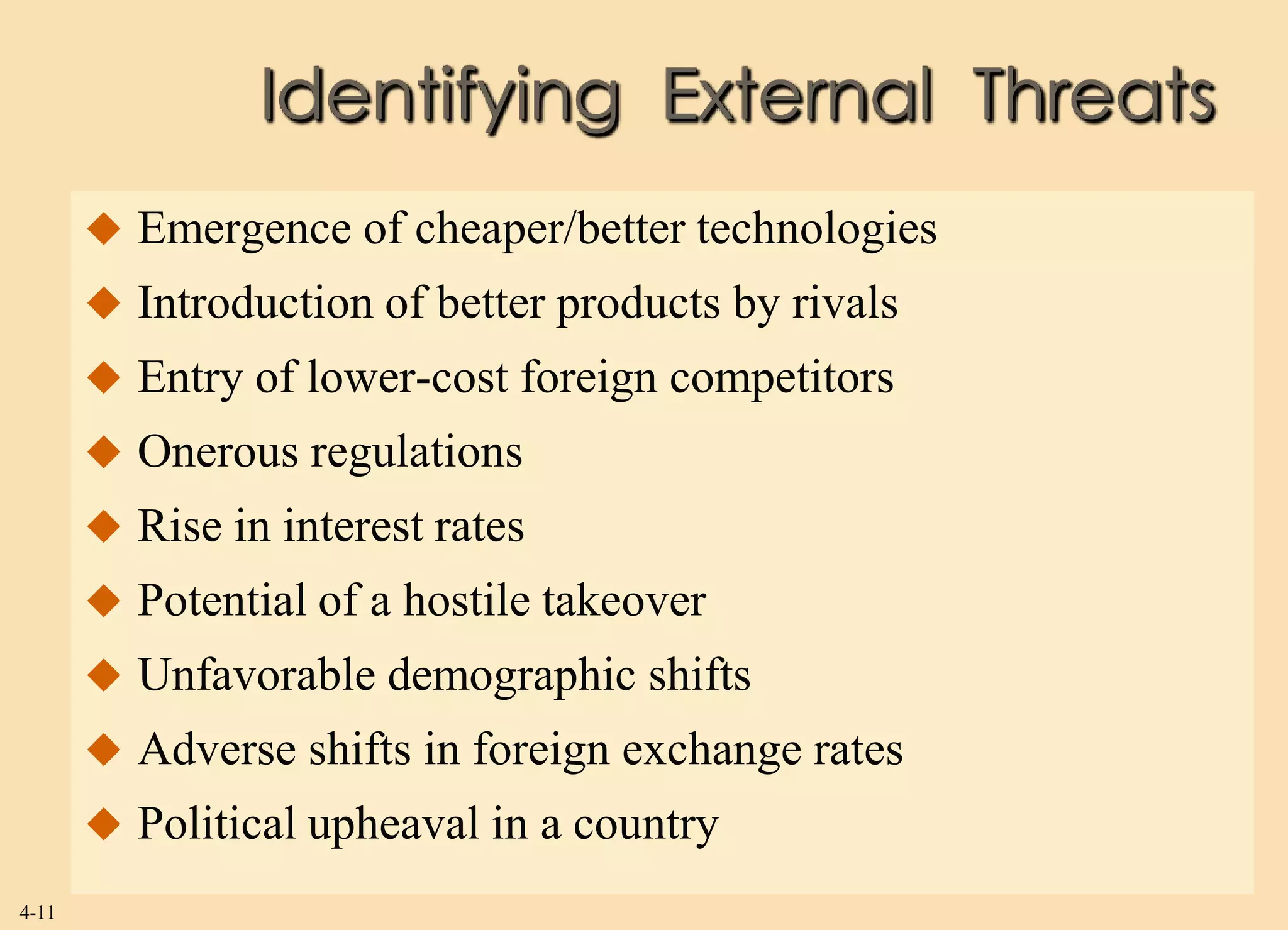 Identifying External Threats
        Emergence of cheaper/better technologies
        Introduction of better products by rivals
        Entry of lower-cost foreign competitors
        Onerous regulations
        Rise in interest rates
        Potential of a hostile takeover
        Unfavorable demographic shifts
        Adverse shifts in foreign exchange rates
        Political upheaval in a country
4-11
 