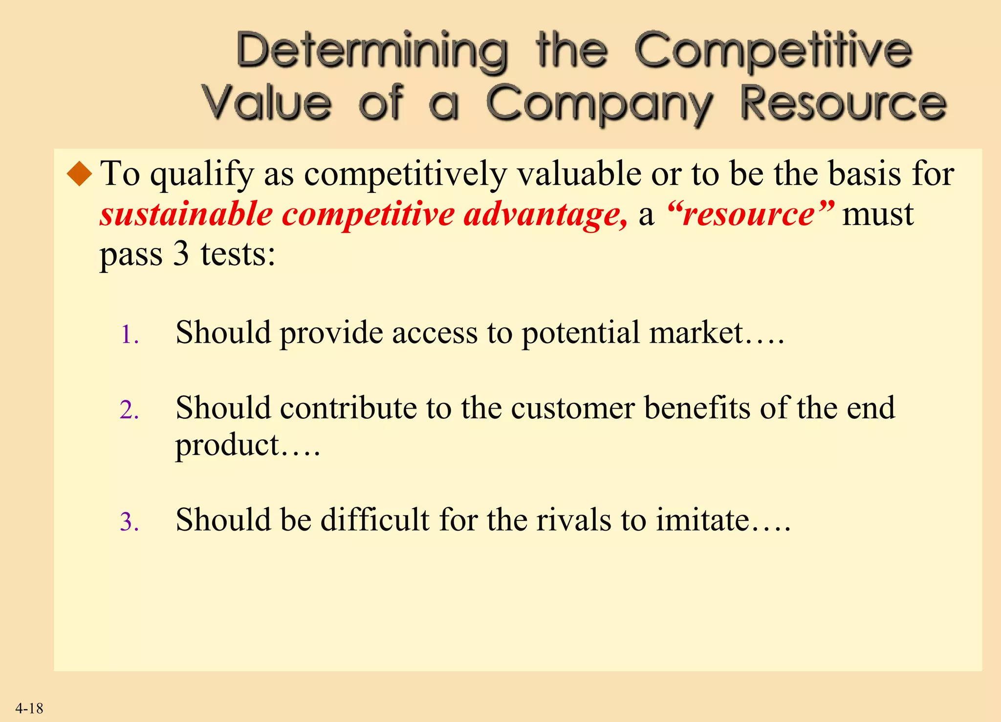 Determining the Competitive
                Value of a Company Resource
        To qualify as competitively valuable or to be the basis for
         sustainable competitive advantage, a “resource” must
         pass 3 tests:

          1.   Should provide access to potential market….

          2.   Should contribute to the customer benefits of the end
               product….

          3.   Should be difficult for the rivals to imitate….




4-18
 