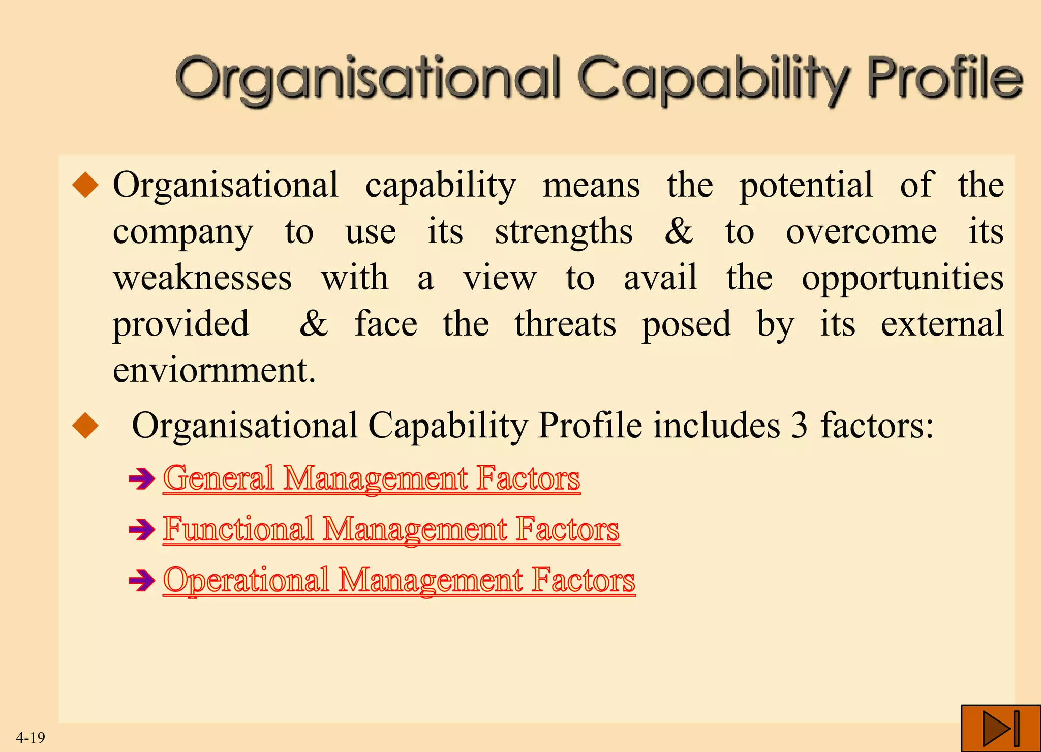 Organisational Capability Profile
        Organisational capability means the potential of the
        company to use its strengths & to overcome its
        weaknesses with a view to avail the opportunities
        provided & face the threats posed by its external
        enviornment.
        Organisational Capability Profile includes 3 factors:




4-19
 