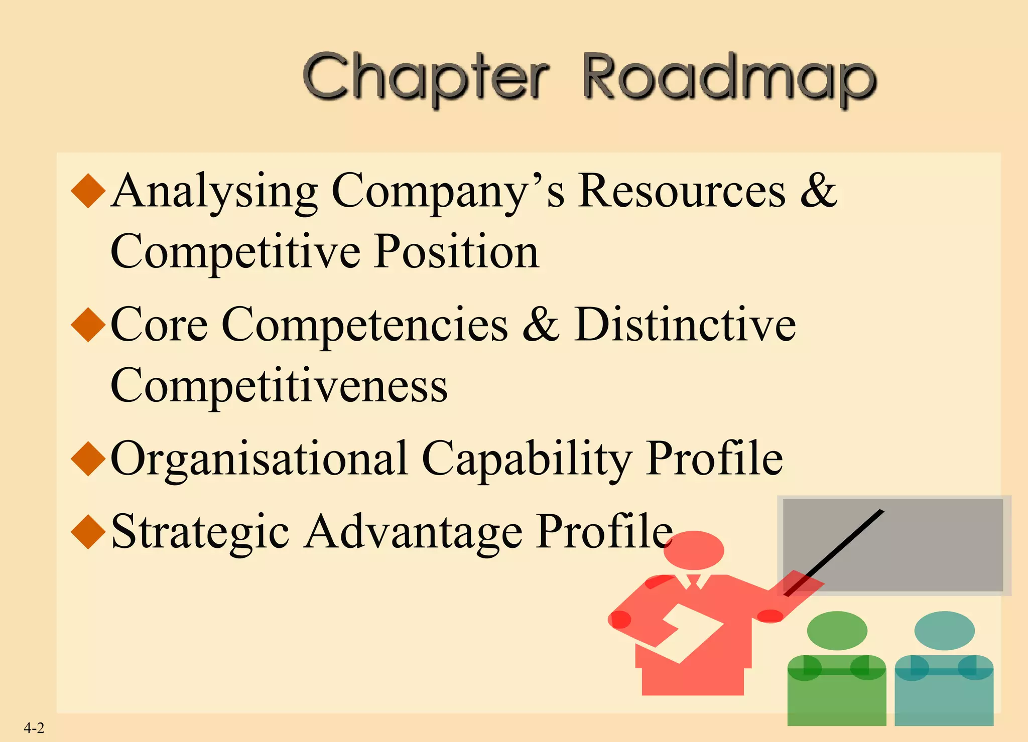 Chapter Roadmap
      Analysing Company’s Resources &
       Competitive Position
      Core Competencies & Distinctive
       Competitiveness
      Organisational Capability Profile
      Strategic Advantage Profile



4-2
 