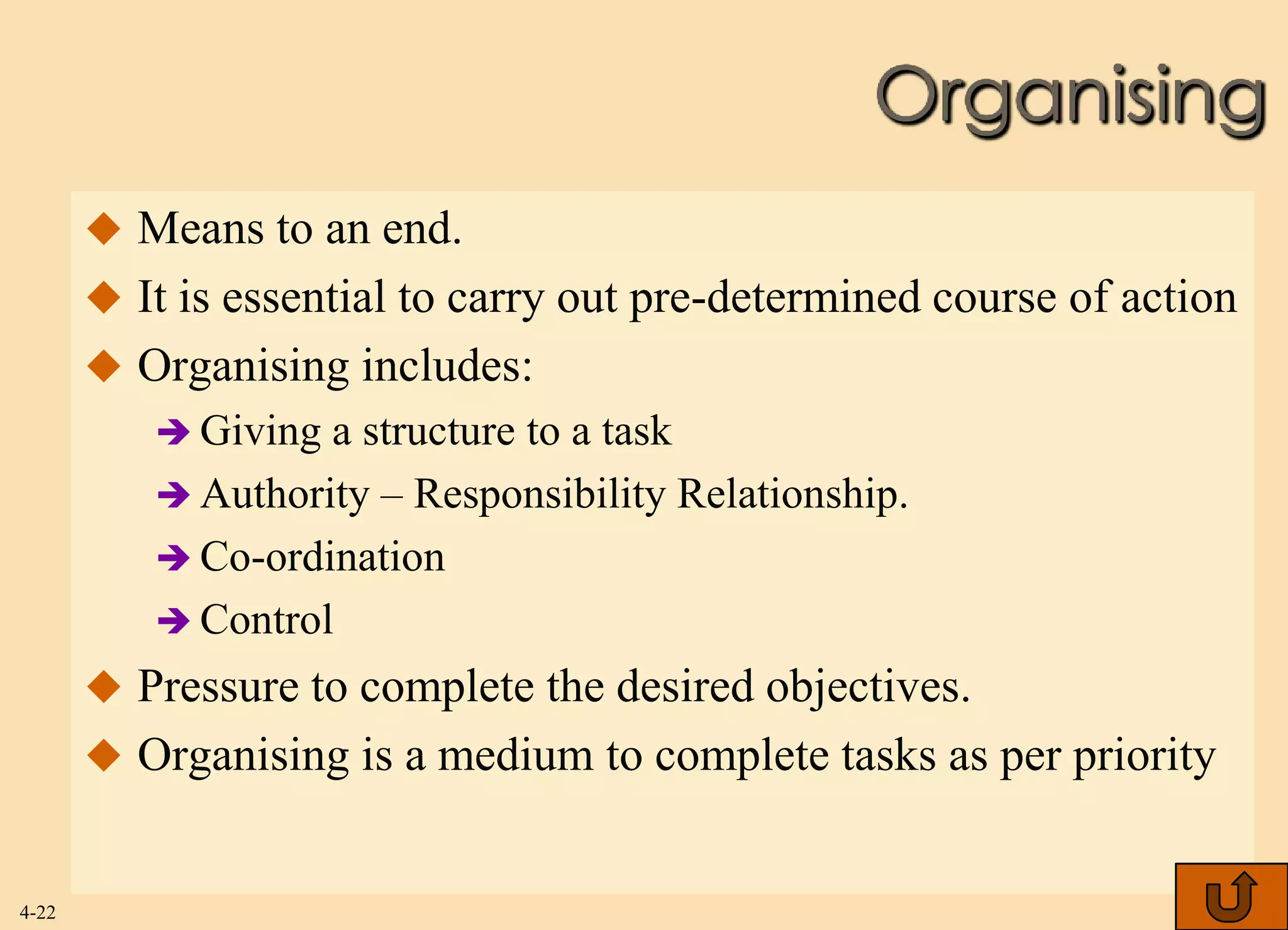 Organising
        Means to an end.
        It is essential to carry out pre-determined course of action
        Organising includes:
           Giving a structure to a task
           Authority – Responsibility Relationship.
           Co-ordination
           Control
        Pressure to complete the desired objectives.
        Organising is a medium to complete tasks as per priority


4-22
 