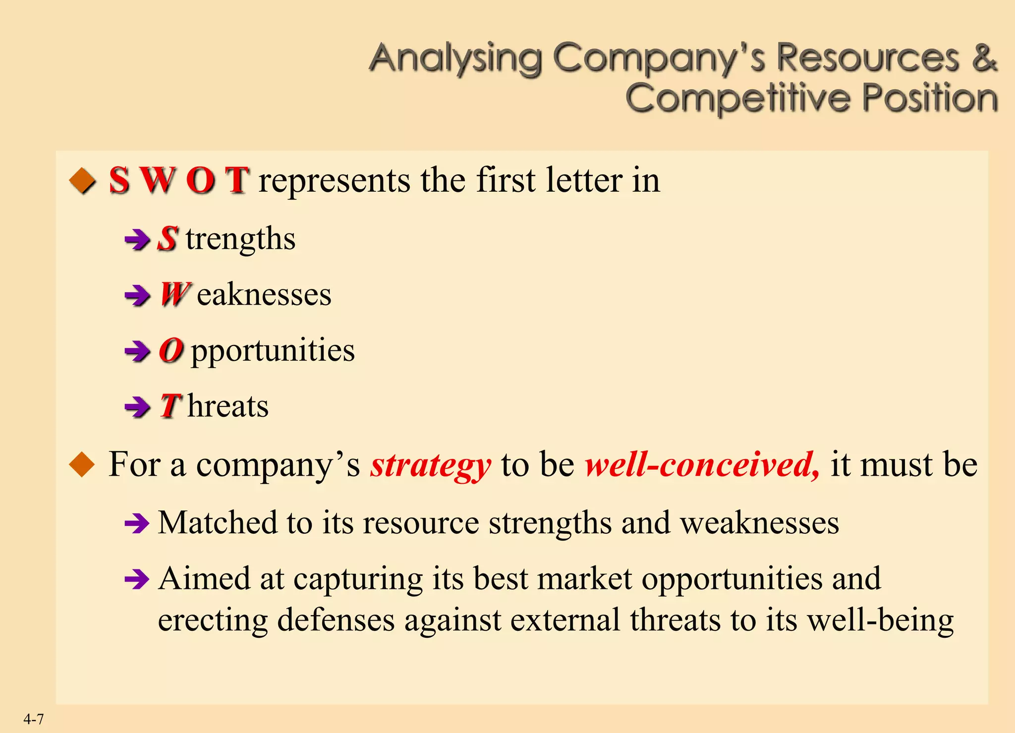 Analysing Company’s Resources &
                                         Competitive Position

       S W O T represents the first letter in
         S   trengths
         W   eaknesses
         O   pportunities
         T   hreats
       For a company’s strategy to be well-conceived, it must be
          Matched to    its resource strengths and weaknesses
          Aimed    at capturing its best market opportunities and
            erecting defenses against external threats to its well-being

4-7
 