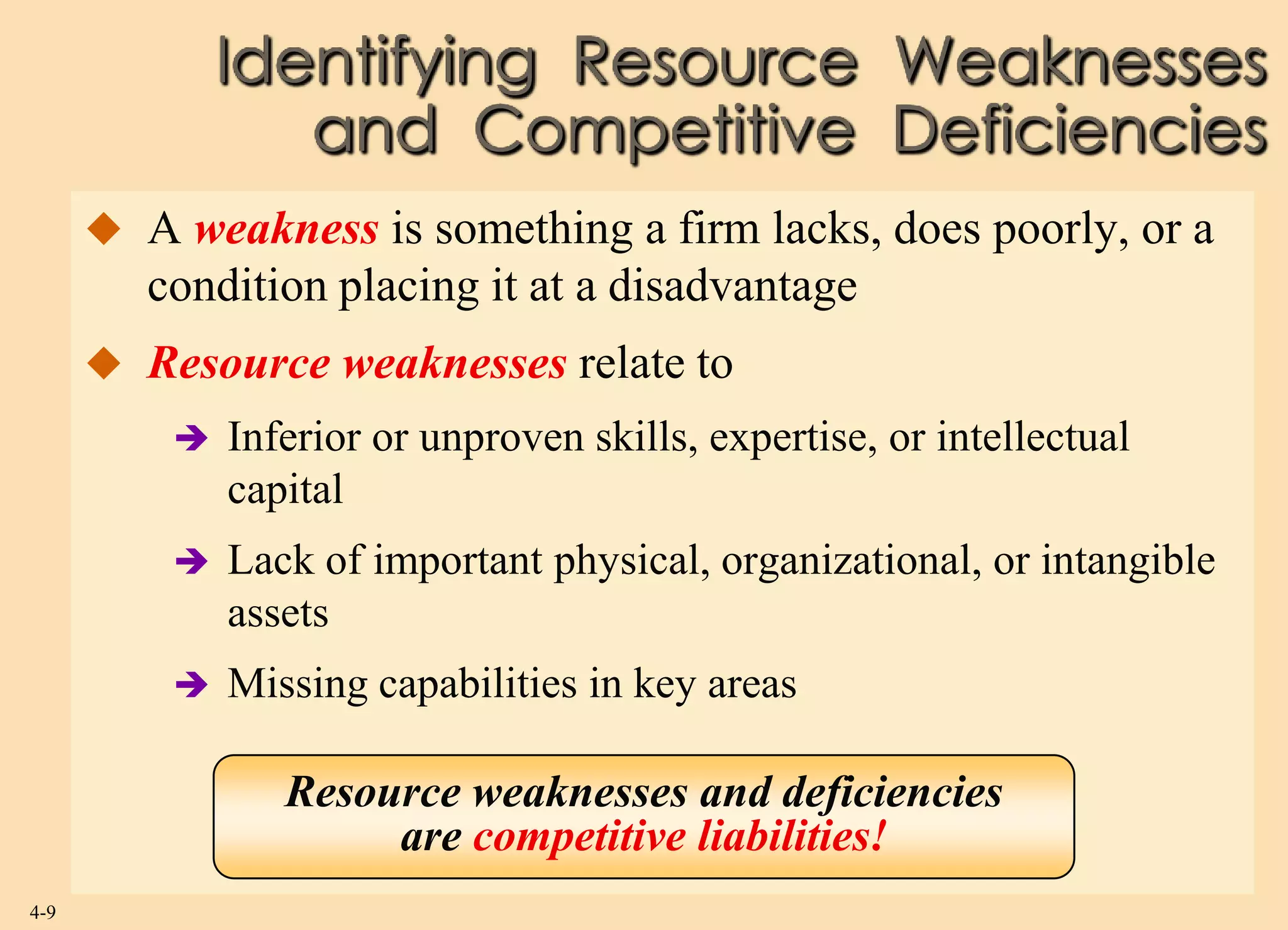 Identifying Resource Weaknesses
                 and Competitive Deficiencies
       A weakness is something a firm lacks, does poorly, or a
         condition placing it at a disadvantage
       Resource weaknesses relate to
             Inferior or unproven skills, expertise, or intellectual
              capital
             Lack of important physical, organizational, or intangible
              assets
             Missing capabilities in key areas

                 Resource weaknesses and deficiencies
                      are competitive liabilities!
4-9
 