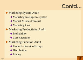 Contd…
        Marketing System Audit
           Marketing Intelligence system
           Market & Sales Forecast
           Marketing Cost
        Marketing Productivity Audit
           Profitability
           Cost Reduction
        Marketing Function Audit
           Product – line & offerings
           Distribution
           Pricing
4-28
 