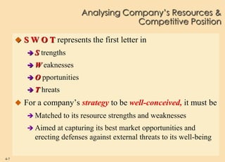 Analysing Company’s Resources &
                                         Competitive Position

       S W O T represents the first letter in
         S   trengths
         W   eaknesses
         O   pportunities
         T   hreats
       For a company’s strategy to be well-conceived, it must be
          Matched to    its resource strengths and weaknesses
          Aimed    at capturing its best market opportunities and
            erecting defenses against external threats to its well-being

4-7
 