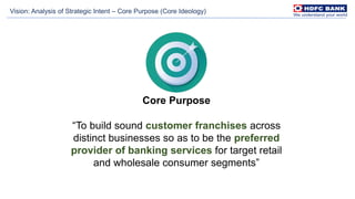 Core Purpose
“To build sound customer franchises across
distinct businesses so as to be the preferred
provider of banking services for target retail
and wholesale consumer segments”
Vision: Analysis of Strategic Intent – Core Purpose (Core Ideology)
 