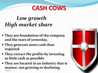 CASH COWS
Low growth
High market share
 They are foundation of the company
and the stars of yesterday.
 They generate more cash than
required.
 They extract the profits by investing
as little cash as possible
 They are located in an industry that is
mature, not growing or declining.
19/07/09
 