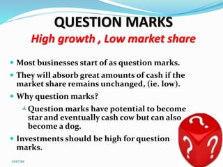 QUESTION MARKS
High growth , Low market share
 Most businesses start of as question marks.
 They will absorb great amounts of cash if the
market share remains unchanged, (ie. low).
 Why question marks?
Question marks have potential to become
star and eventually cash cow but can also
become a dog.
 Investments should be high for question
marks.
19/07/09
 