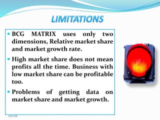  BCG MATRIX uses only two
dimensions, Relative market share
and market growth rate.
 High market share does not mean
profits all the time. Business with
low market share can be profitable
too.
 Problems of getting data on
market share and market growth.
19/07/09
 