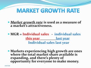  Market growth rate is used as a measure of
a market’s attractiveness.
 MGR = Individual sales - individual sales
this year last year
Individual sales last year
 Markets experiencing high growth are ones
where the total market share available is
expanding, and there’s plenty of
opportunity for everyone to make money.
19/07/09
 
