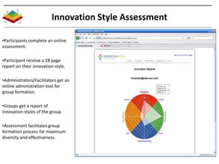 Innovation Style Assessment

•Participants complete an online
assessment.

•Participant receive a 28 page
report on their ...