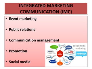 INTEGRATED MARKETING
COMMUNICATION (IMC)
• Event marketing
• Public relations
• Communication management
• Promotion
• Social media
 