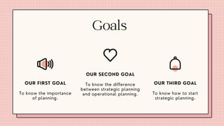 Goals
To know the importance
of planning.
OUR FIRST GOAL
To know how to start
strategic planning.
OUR THIRD GOAL
To know the difference
between strategic planning
and operational planning.
OUR SECOND GOAL
 