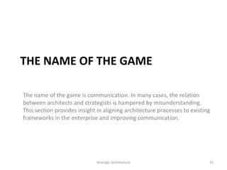 The name of the game is communication. In many cases, the relation
between architects and strategists is hampered by misun...