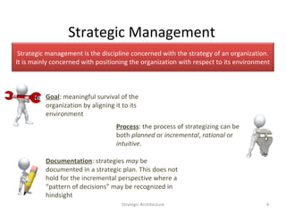 Strategic Management
Strategic Architecture 4
Strategic management is the discipline concerned with the strategy of an org...