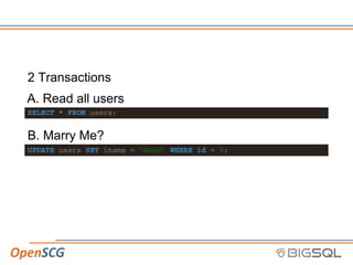 2 Transactions
A. Read all users
SELECT * FROM users;
B. Marry Me?
UPDATE users SET lname = ’Mead’ WHERE id = 3;
 