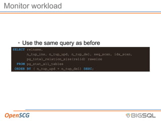 Monitor workload
• Use the same query as before
SELECT relname,
n_tup_ins, n_tup_upd, n_tup_del, seq_scan, idx_scan,
pg_total_relation_size(relid) rawsize
FROM pg_stat_all_tables
ORDER BY ( n_tup_upd + n_tup_del) DESC;
 