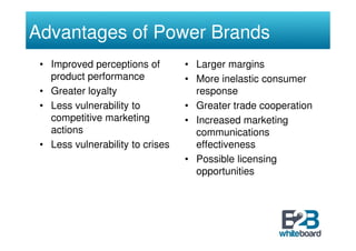 Advantages of Power Brands
 • Improved perceptions of        • Larger margins
   product performance            • More inelastic consumer
 • Greater loyalty                  response
 • Less vulnerability to          • Greater trade cooperation
   competitive marketing          • Increased marketing
   actions                          communications
 • Less vulnerability to crises     effectiveness
                                  • Possible licensing
                                    opportunities
 