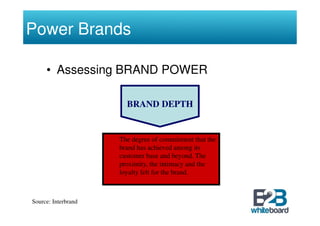 Power Brands

     • Assessing BRAND POWER

                       BRAND DEPTH


                     The degree of commitment that the
                     brand has achieved among its
                     customer base and beyond. The
                     proximity, the intimacy and the
                     loyalty felt for the brand.



Source: Interbrand
 