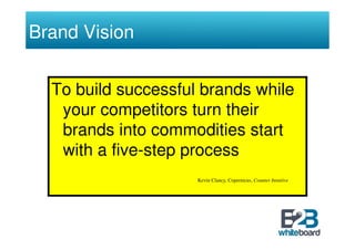 Brand Vision


  To build successful brands while
   your competitors turn their
   brands into commodities start
   with a five-step process
                     Kevin Clancy, Copernicus, Counter Intuitive
 