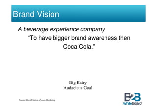 Brand Vision
 A beverage experience company
    “To have bigger brand awareness then
                 Coca-Cola.”




                                           Big Hairy
                                         Audacious Goal

 Source: David Sutton, Zyman Marketing
 