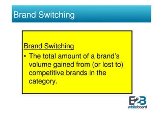 Brand Switching


  Brand Switching
  • The total amount of a brand’s
    volume gained from (or lost to)
    competitive brands in the
    category.
 